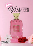 Pink perfume bottle with 'Yasmeen' branding on a pink background
