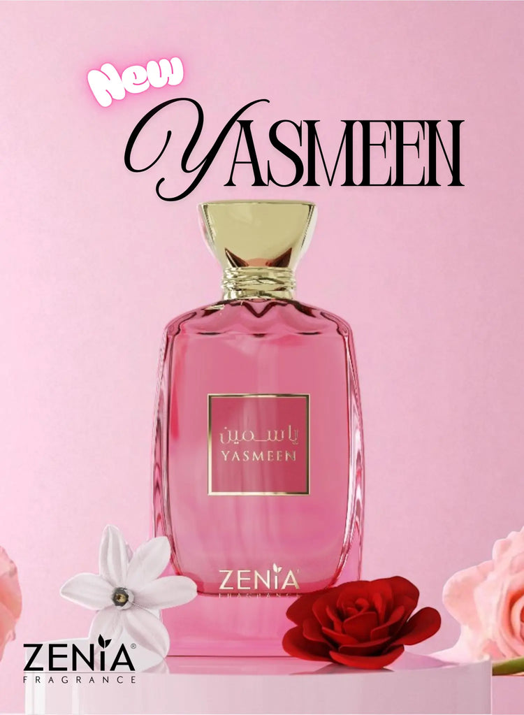 Pink perfume bottle with 'Yasmeen' branding on a pink background