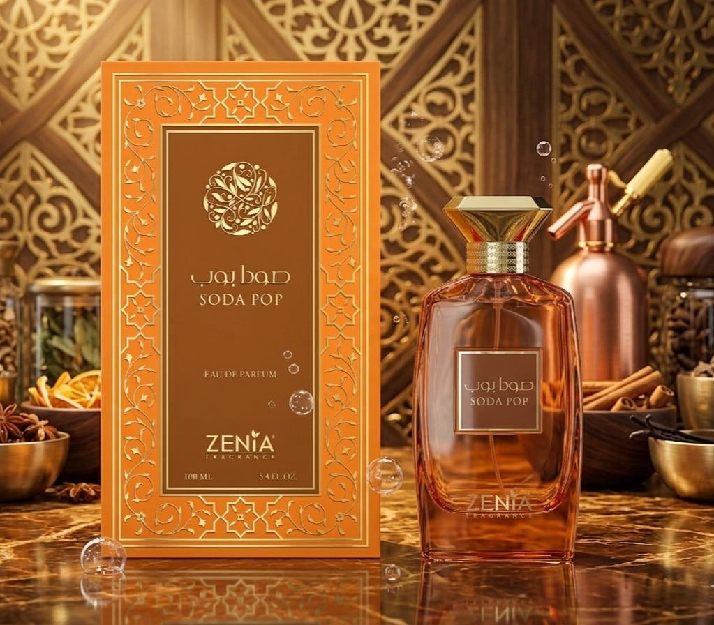 Zenta perfume bottle and packaging on a wooden surface with decorative background